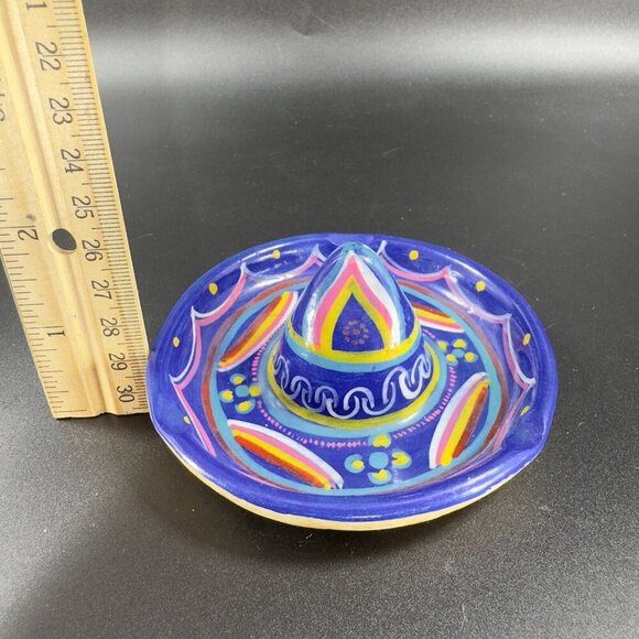 Mexico Hand Painted Dish Ashtray Trinket Holder Hat Shaped Folk Art Decorative - Picture 3 of 10